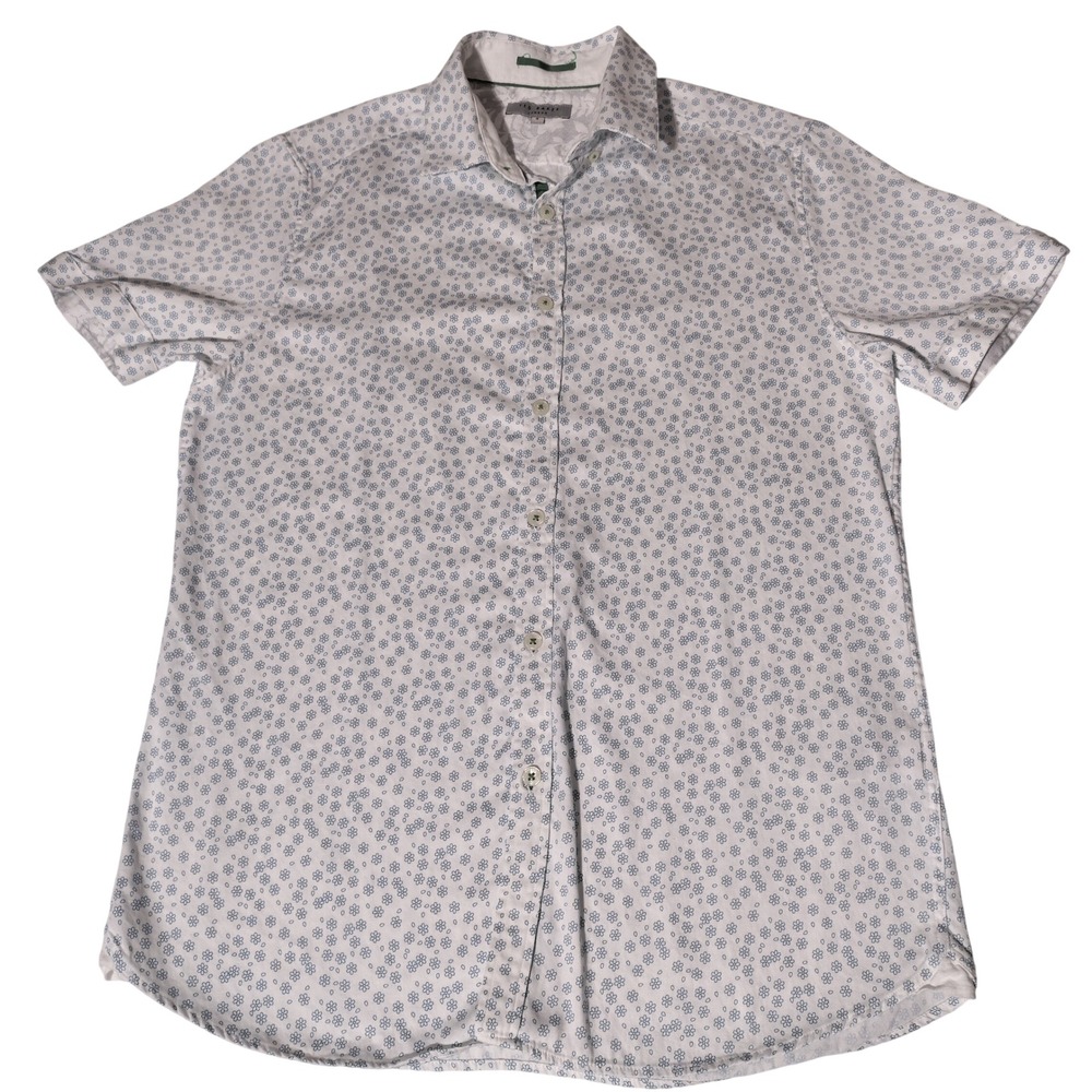 Ted Baker London Men White Blue Floral Micro Print Short Sleeve Shirt Size 3 (M)